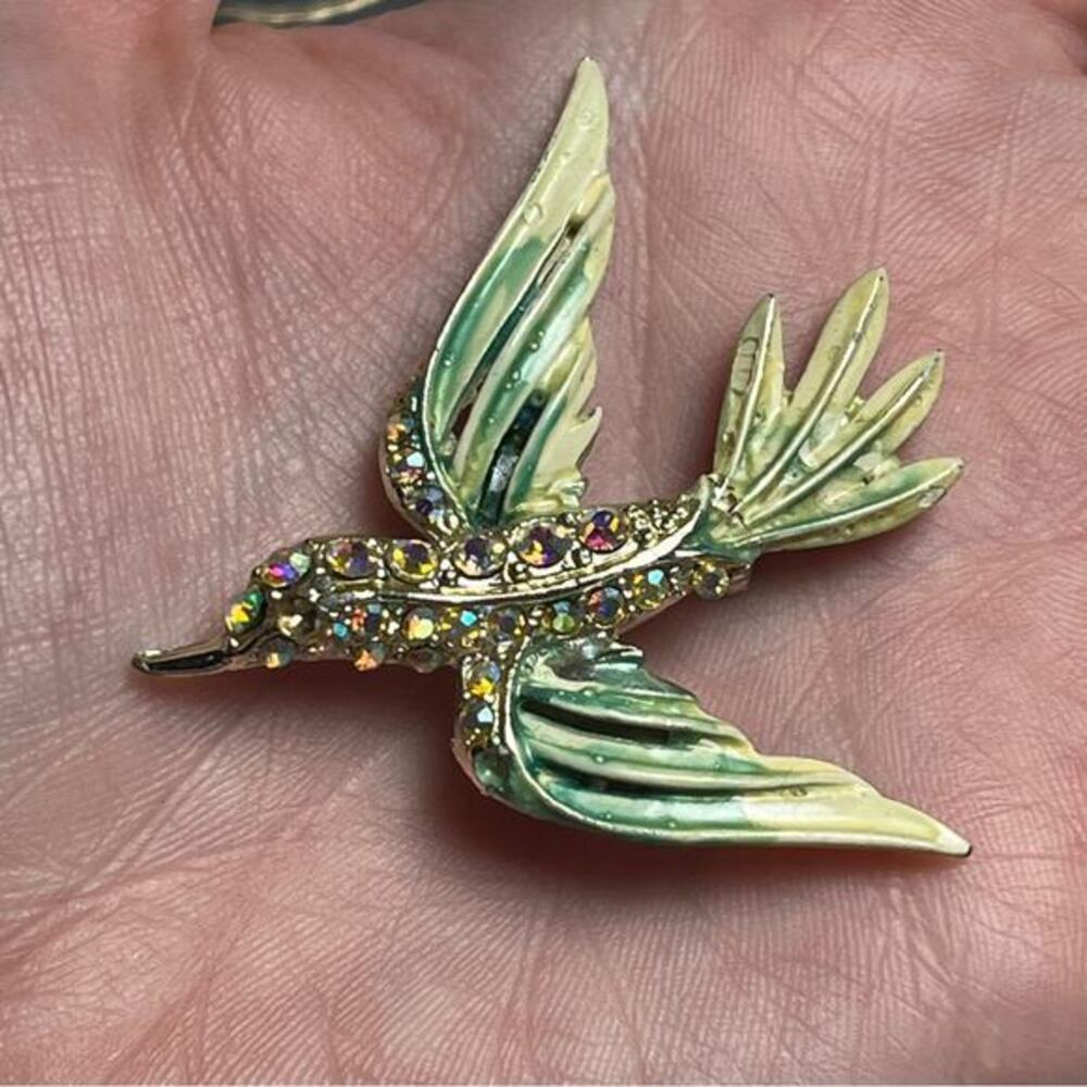 Vintage Sparkling AB Crystal Green Pink and Gold Enamel Bird Brooch